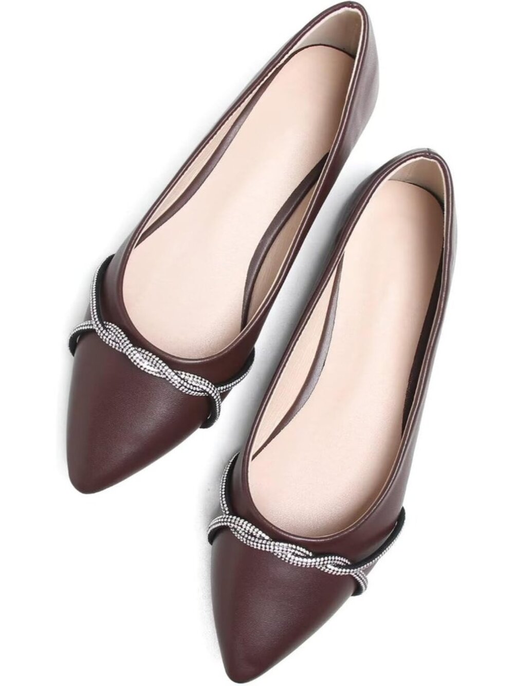 Women's A Dark Brown Chain Ballet Flats Fashion Pointed Toe Slip On Dress Shoes